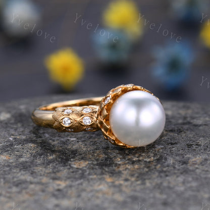 9mm Exquisite  Fresh Pearl Engagement Ring,Mother of Pearls,Natural Stone,Diamond Wedding band,Lotus ring,Statement ring,Her Wedding Jewelry