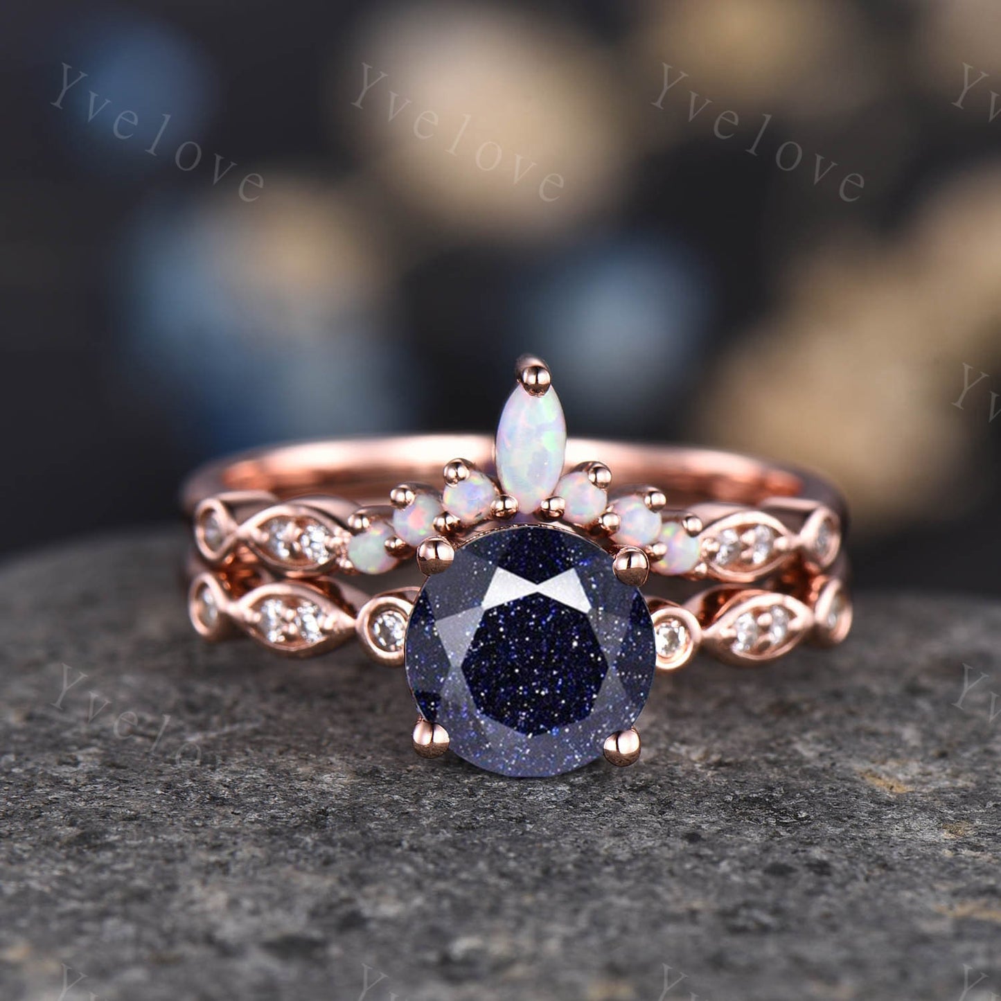 Blue Galaxy Ring,Vintage Blue Sandstone ring,art deco rose gold engagement ring,diamond band,bridal promise solitaire ring anniversary gift