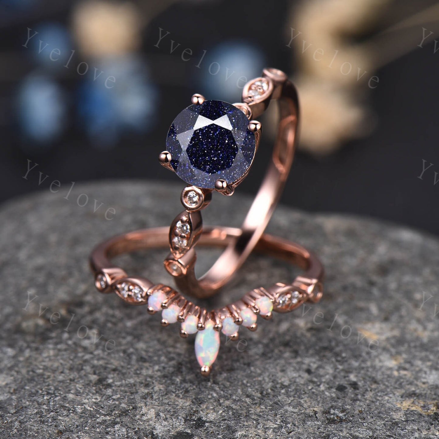 Vintage Blue Sandstone ring,women art deco 14k rose gold engagement ring,diamond band,bridal promise ring anniversary gift,Christmas gift