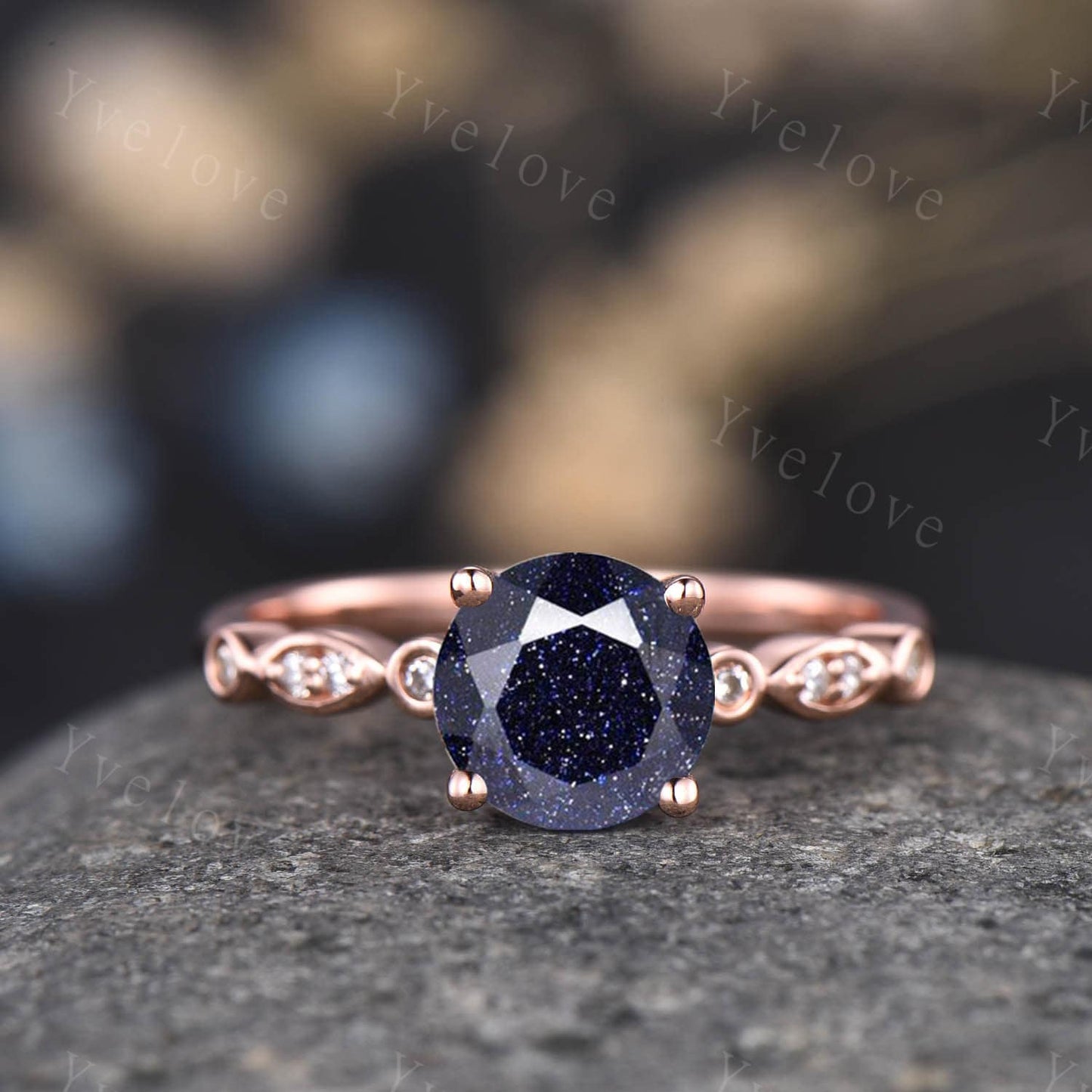 Vintage Blue Sandstone ring,women art deco 14k rose gold engagement ring,diamond band,bridal promise ring anniversary gift,Christmas gift