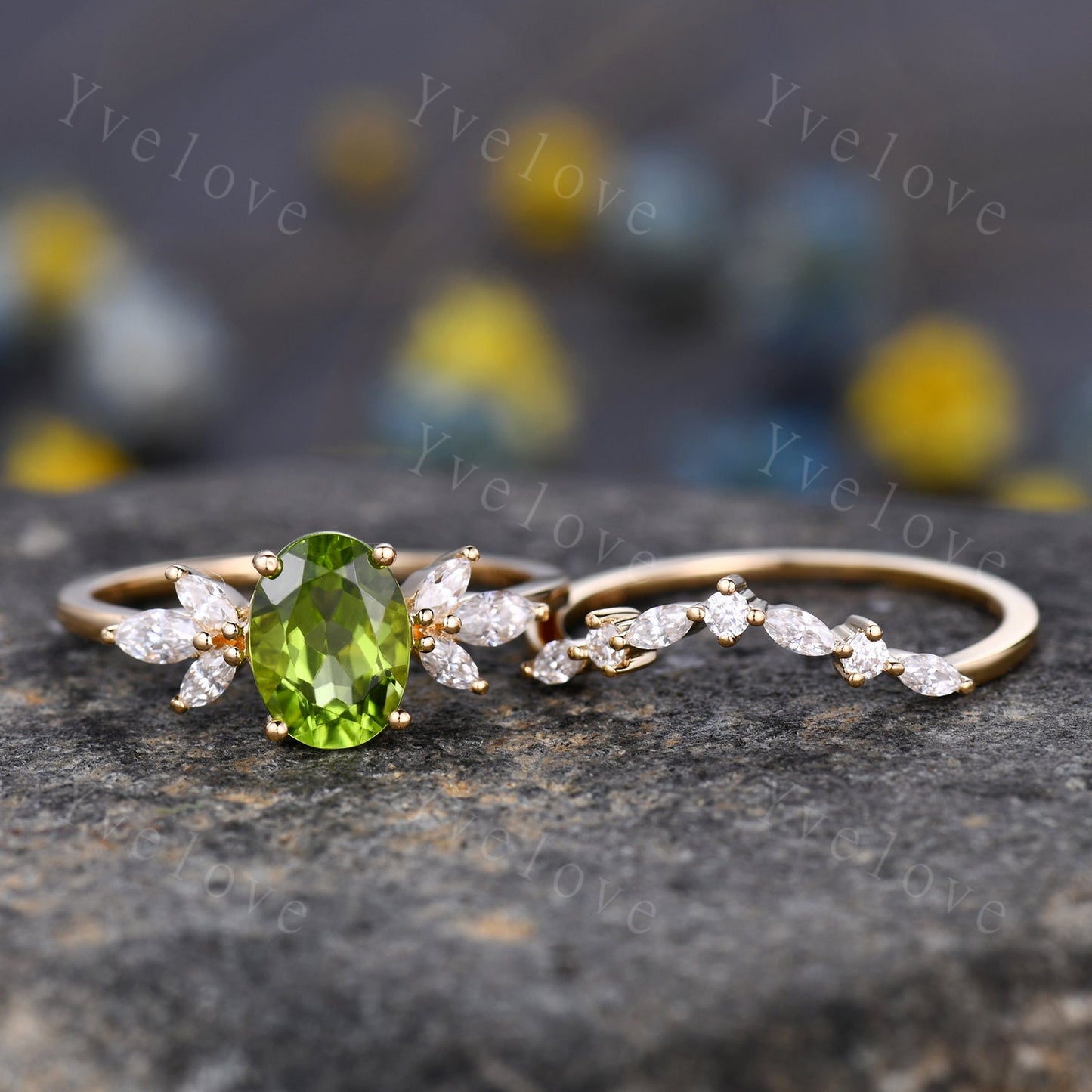 Peridot ring, yellow gold engagement ring set, oval peridot engagement ring, moissanite matching band, eternity stacking band, bridal set