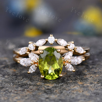 Peridot ring, yellow gold engagement ring set, oval peridot engagement ring, moissanite matching band, eternity stacking band, bridal set