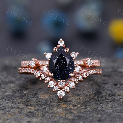 1.25ct Pear Galax Blue Sandstone Ring Rose Gold Teardrop Blue Goldstone Engagement Ring Vintage Gemstone Jewelry Anniversary Proposal Ring