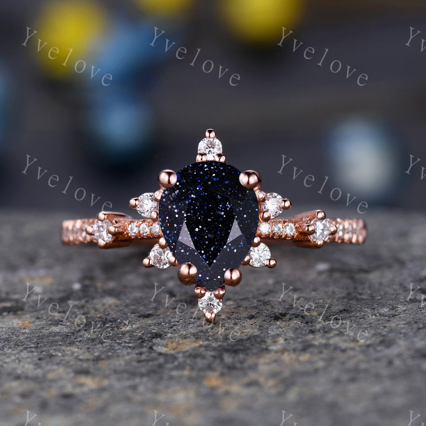 1.25ct Pear Galax Blue Sandstone Ring Rose Gold Teardrop Blue Goldstone Engagement Ring Vintage Gemstone Jewelry Anniversary Proposal Ring