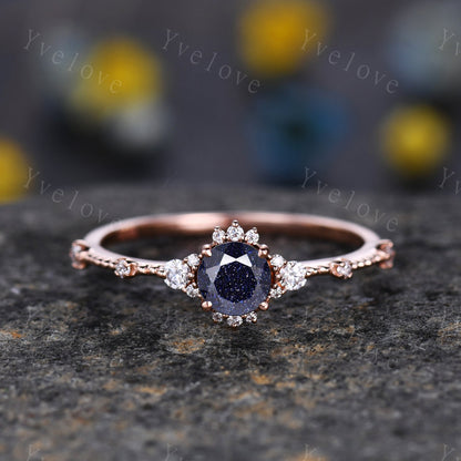 Vintage Blue Sandstone Engagement Ring Set Rose Gold Diamond Wedding Ring Stacking Eternity Band Vintage Floral Jewelry Anniversary Gift