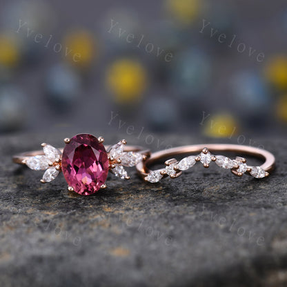 Natural Pink Tourmaline Engagement Ring Set,White Gold Marquise Moissanite Band,October Birthstone Ring,Art Deco Promise Anniversary Gift