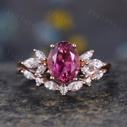 Natural Pink Tourmaline Engagement Ring Set,White Gold Marquise Moissanite Band,October Birthstone Ring,Art Deco Promise Anniversary Gift