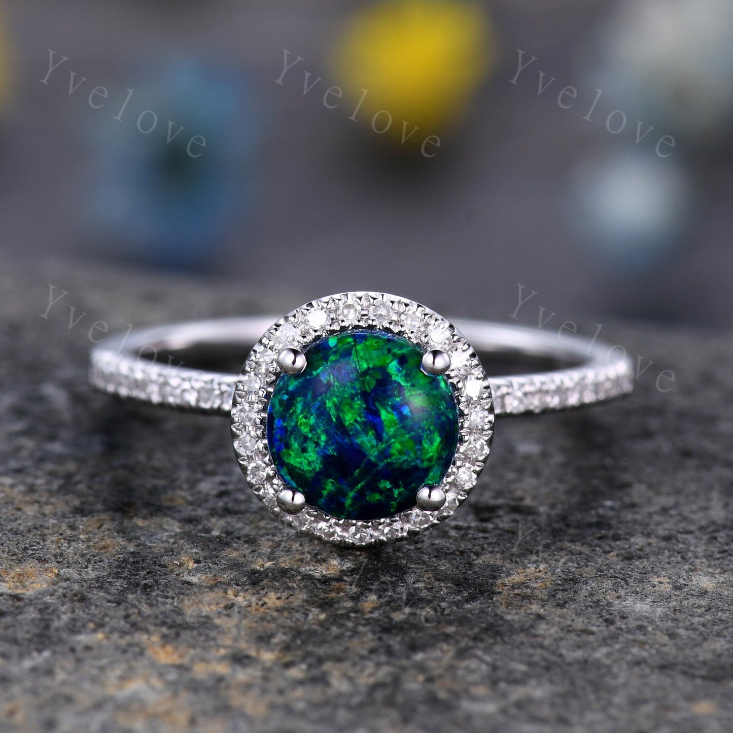 Black Fire Opal Ring White Gold Diamond Engagement Ring For Women Diamond Delicate Eternity Band Halo Promise Wedding Ring Christmas Gift