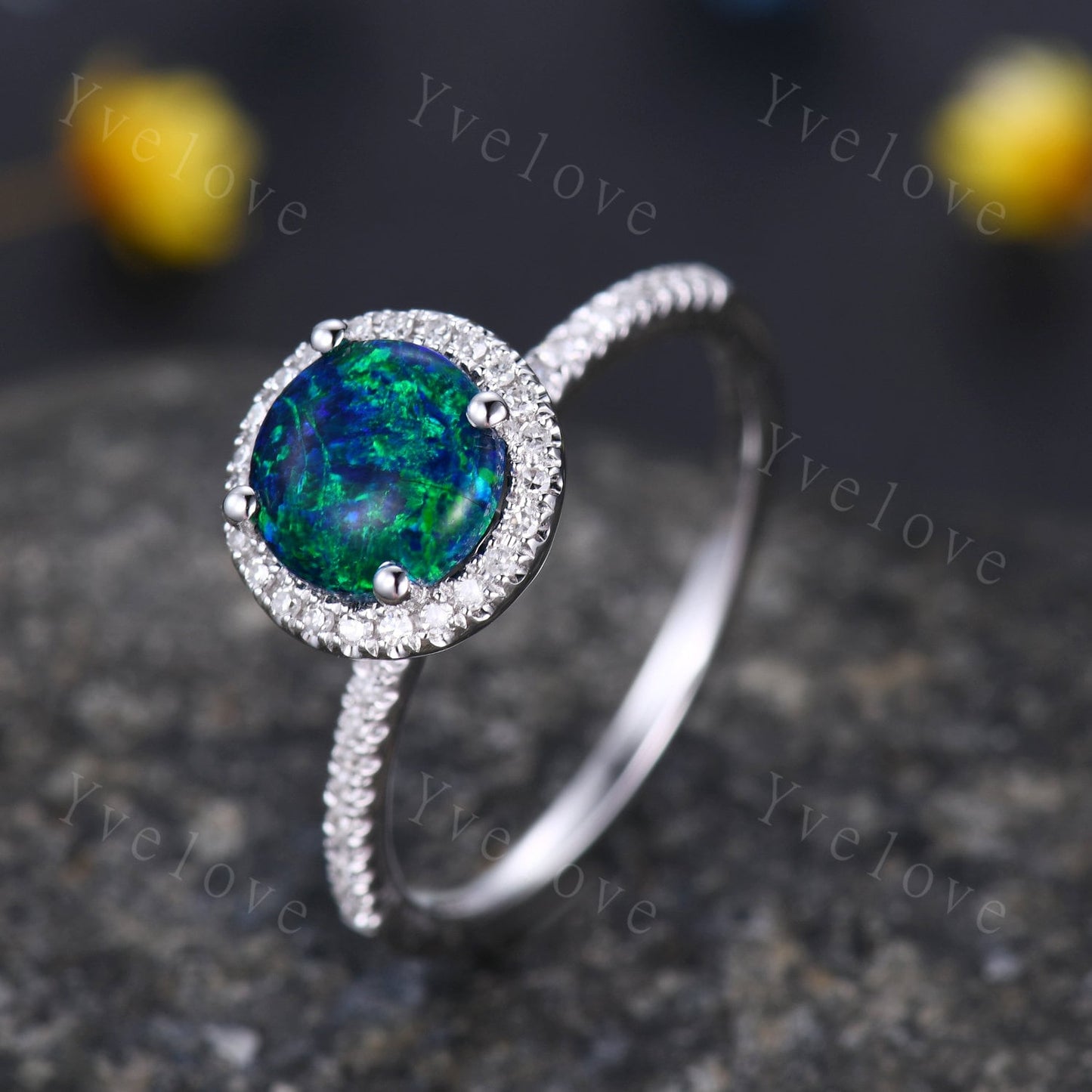 Black Fire Opal Ring White Gold Diamond Engagement Ring For Women Diamond Delicate Eternity Band Halo Promise Wedding Ring Christmas Gift