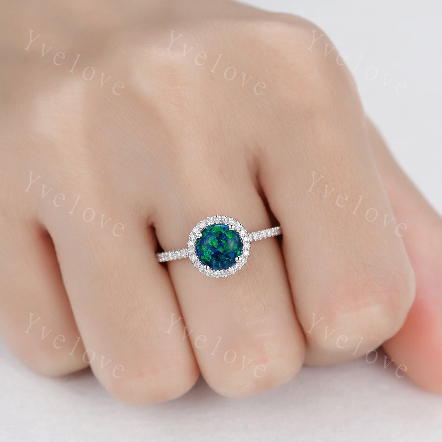 Black Fire Opal Ring White Gold Diamond Engagement Ring For Women Diamond Delicate Eternity Band Halo Promise Wedding Ring Christmas Gift