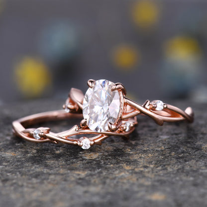 Twig Moissanite Engagement Ring Set,Oval Vintage Leaf Diamond Ring,Branch Ring Rose Gold,Twisted Ring Promise Bridal Set,Dainty Ring Set