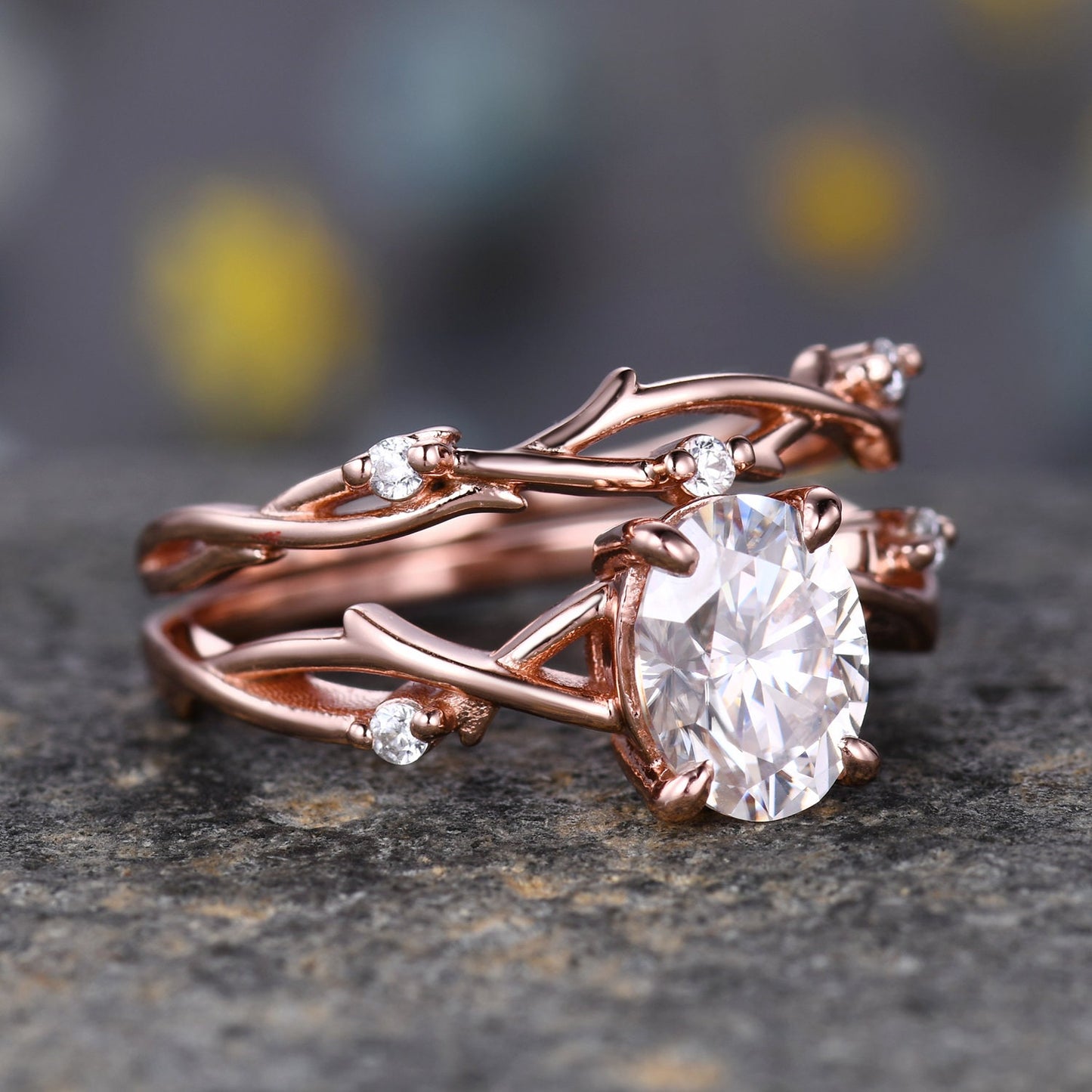 Twig Moissanite Engagement Ring Set,Oval Vintage Leaf Diamond Ring,Branch Ring Rose Gold,Twisted Ring Promise Bridal Set,Dainty Ring Set