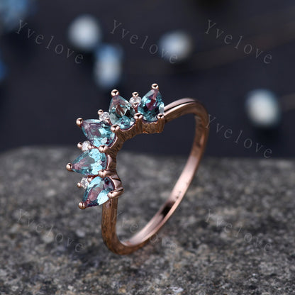 Alexandrite wedding band,Statement ring, Curved wedding ring, Unique Stacking ring, Alexandrite diamond ring, Matching band, Women Jewelry