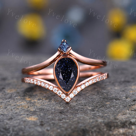 Blue Sandstone Ring, Blue Wedding Ring Set, 2mm Alexandrite band, Rose Gold Engagement Ring, Plain Band, Women Gift Jewelry,Christmas Gift