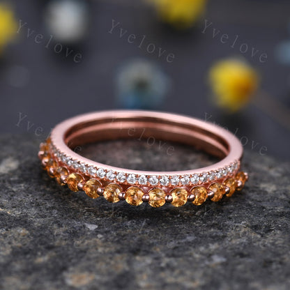 Citrine Engagemnt Ring 14K Rose Gold Minimalist Moissanite Band Citrine Yellow Gemstone November Birthstone Valentines Gift for Women