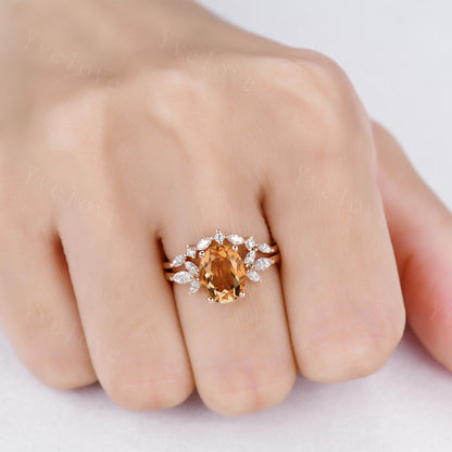 Citrine Ring for Women, Citrine Wedding Ring Set, November Birthstone, Oval Cut Citrine, Moissanite Eternity Wedding Band, Art Deco