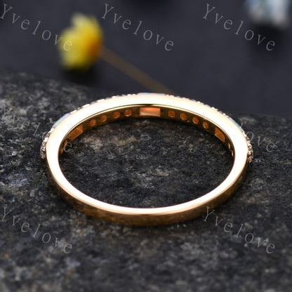 Baguette Shaped White Fire Opal Diamond Wedding Ring 14k Yellow Gold Band 1.5mm Pave Band Half Eternity Band Stacking Ring Anniversary Gift