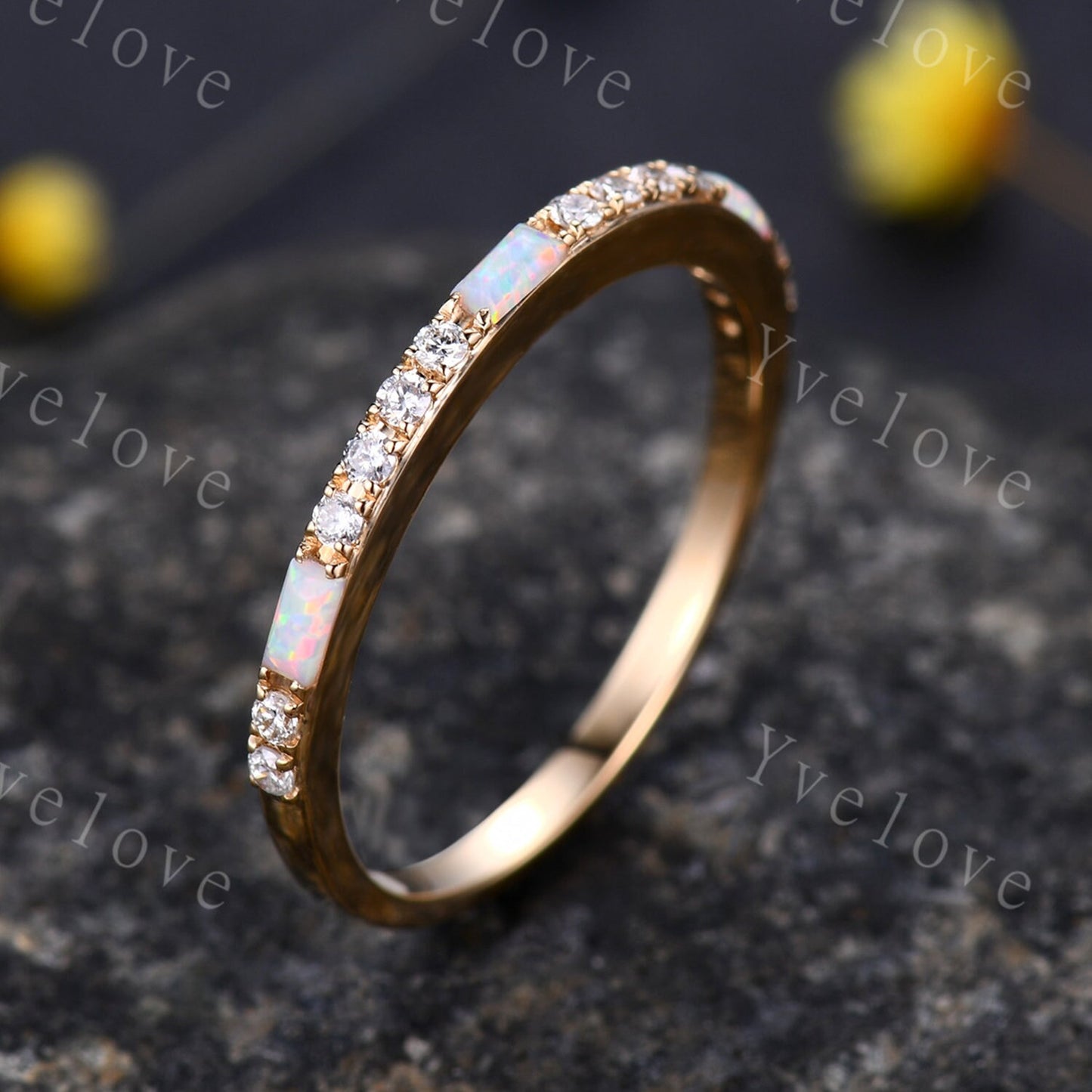 Baguette Shaped White Fire Opal Diamond Wedding Ring 14k Yellow Gold Band 1.5mm Pave Band Half Eternity Band Stacking Ring Anniversary Gift