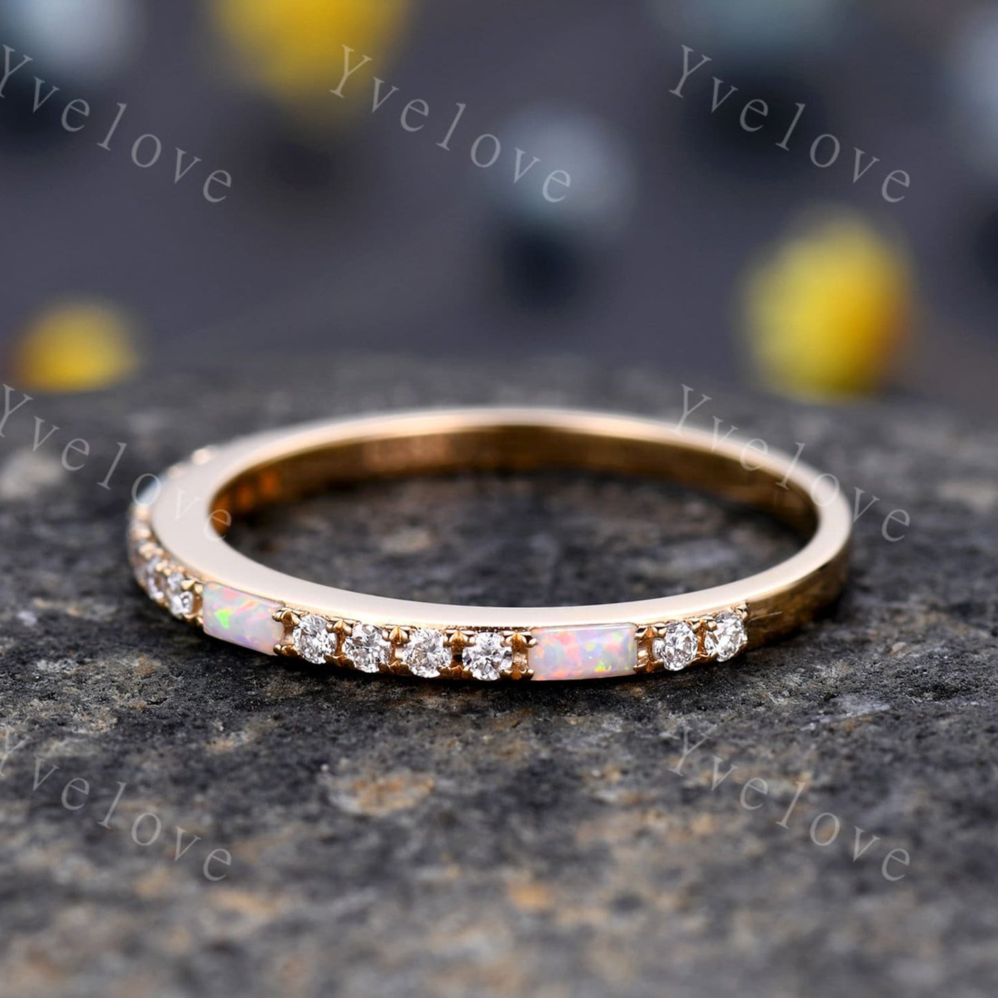 Baguette Shaped White Fire Opal Diamond Wedding Ring 14k Yellow Gold Band 1.5mm Pave Band Half Eternity Band Stacking Ring Anniversary Gift