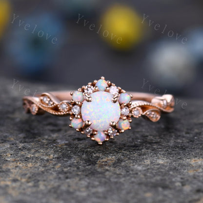 Retro Sandstone Engagement Ring 14k Rose Gold White Opal Diamond Wedding Ring Bridal Ring For Women Promise Anniversary Gift Christmas Gift