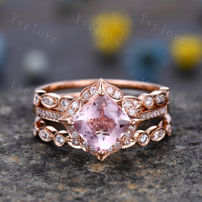 7mm Cushion Cut Morganite Engagement Ring Set,3 pcs Art Deco Morganite Wedding Ring,Diamond Stacking Bands,Bridal Ring Set,Anniversary Gift