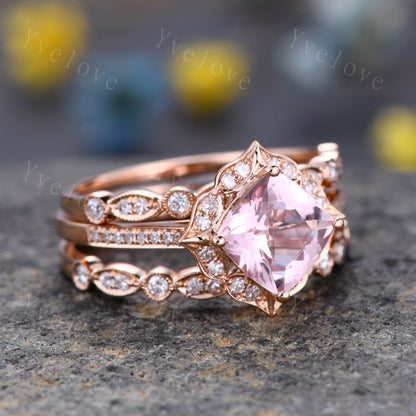 7mm Cushion Cut Morganite Engagement Ring Set,3 pcs Art Deco Morganite Wedding Ring,Diamond Stacking Bands,Bridal Ring Set,Anniversary Gift