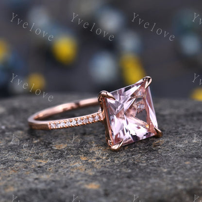 Morganite ring rose gold engagement ring diamond thin band 10mm princess cut big morganite natural vs stone 14k ring anniversary gift