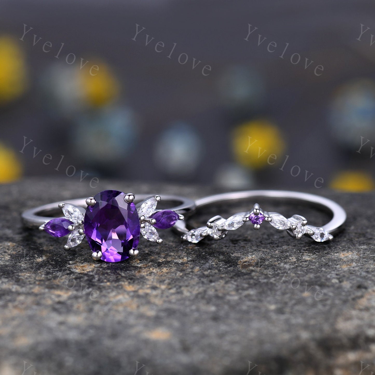 Oval Purple Amethyst Bridal Ring Set,Moissanite Amethyst Wedding Ring Set,White gold,Bridal Ring Curved Wedding Band,Color Engagement Ring