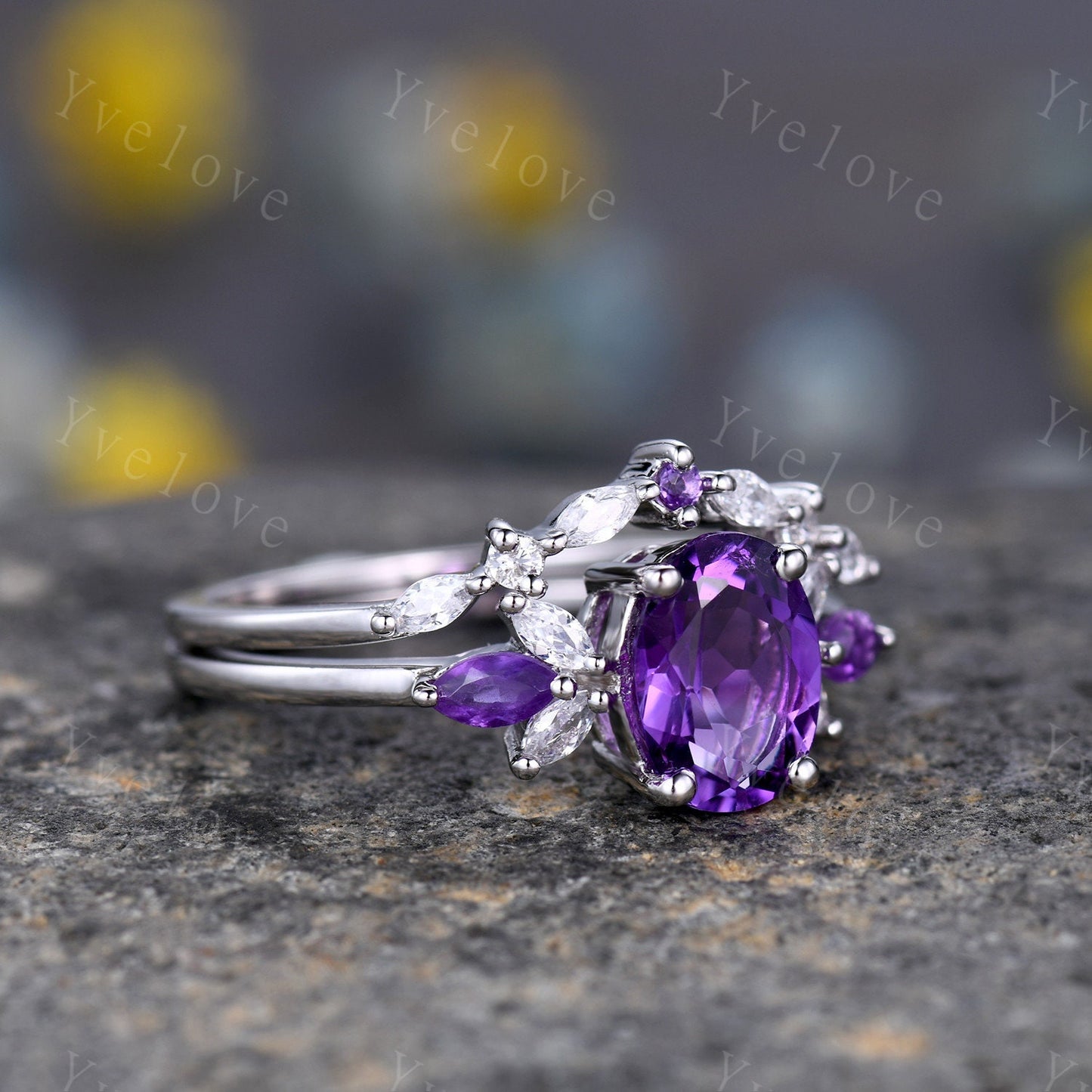 Oval Purple Amethyst Bridal Ring Set,Moissanite Amethyst Wedding Ring Set,White gold,Bridal Ring Curved Wedding Band,Color Engagement Ring