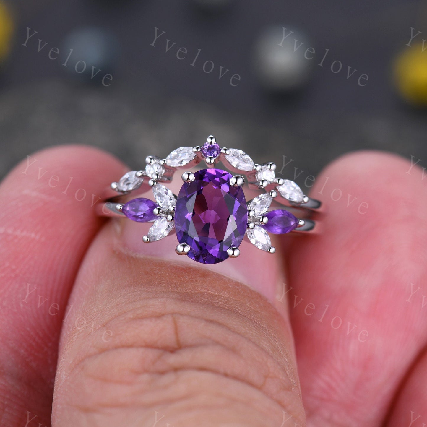 Oval Purple Amethyst Bridal Ring Set,Moissanite Amethyst Wedding Ring Set,White gold,Bridal Ring Curved Wedding Band,Color Engagement Ring