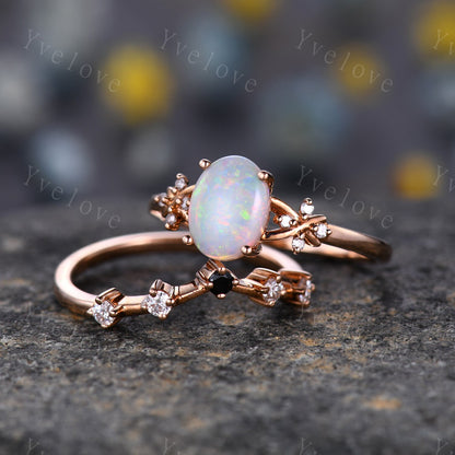 Natural Opal Engagement Ring Set,White Fire Opal,Oval Opal Bridal Set,Black Diamond Stacking Band,Cluster Women 14K Rose Gold Ring,Handmade