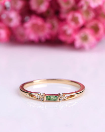 Baguette moss agate ring diamond engagement ring wedding band stacking matching band solid 14k rose gold custom ring women wedding ring