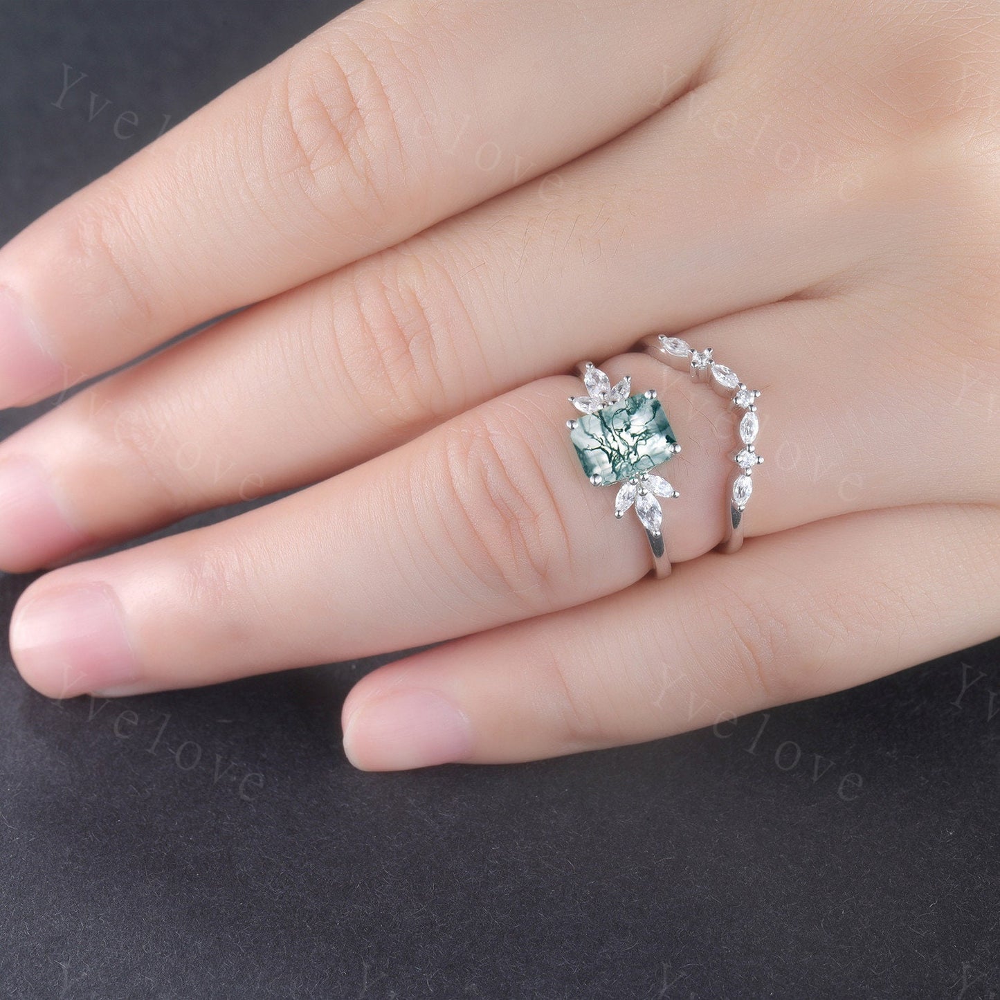 Vintage Moss Agate Engagement Ring Set Emerald Cut Ring Women Moissanite Wedding Band Anniversary Promise Gift For Her,Platinum Ring