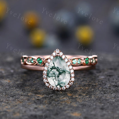 Unique Moss Agate Engagement Ring,Pear Cut Moss Agate Ring,Solitaire Ring,14k rose gold Ring,Diamond Wedding band,Women Promise Ring Gift