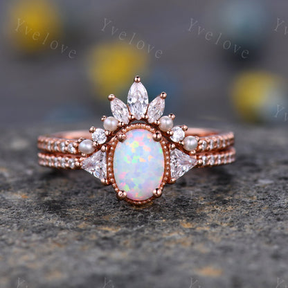 White Opal Engagement Ring Set,Three Stone Ring,Side Triangle Ring,Rose Gold Rings for Women, Unique Curved Pearl Wedding Band, Handmade