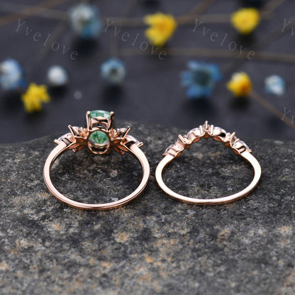 Moss Agate Engagement Ring Women Stacking Matching Band Moissanite Green Agate Ring Unique Vintage Floral Design Promise Bridal Ring Gift