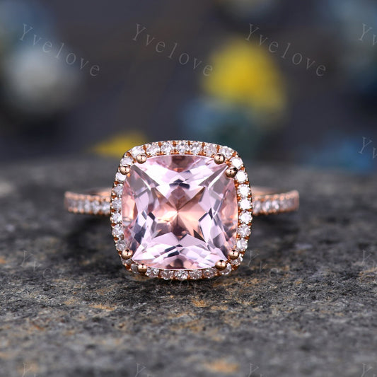 9mm Morganite engagement ring cushion morganite ring pink gemstone diamond wedding band petite band solid 14k rose gold wedding ring for her