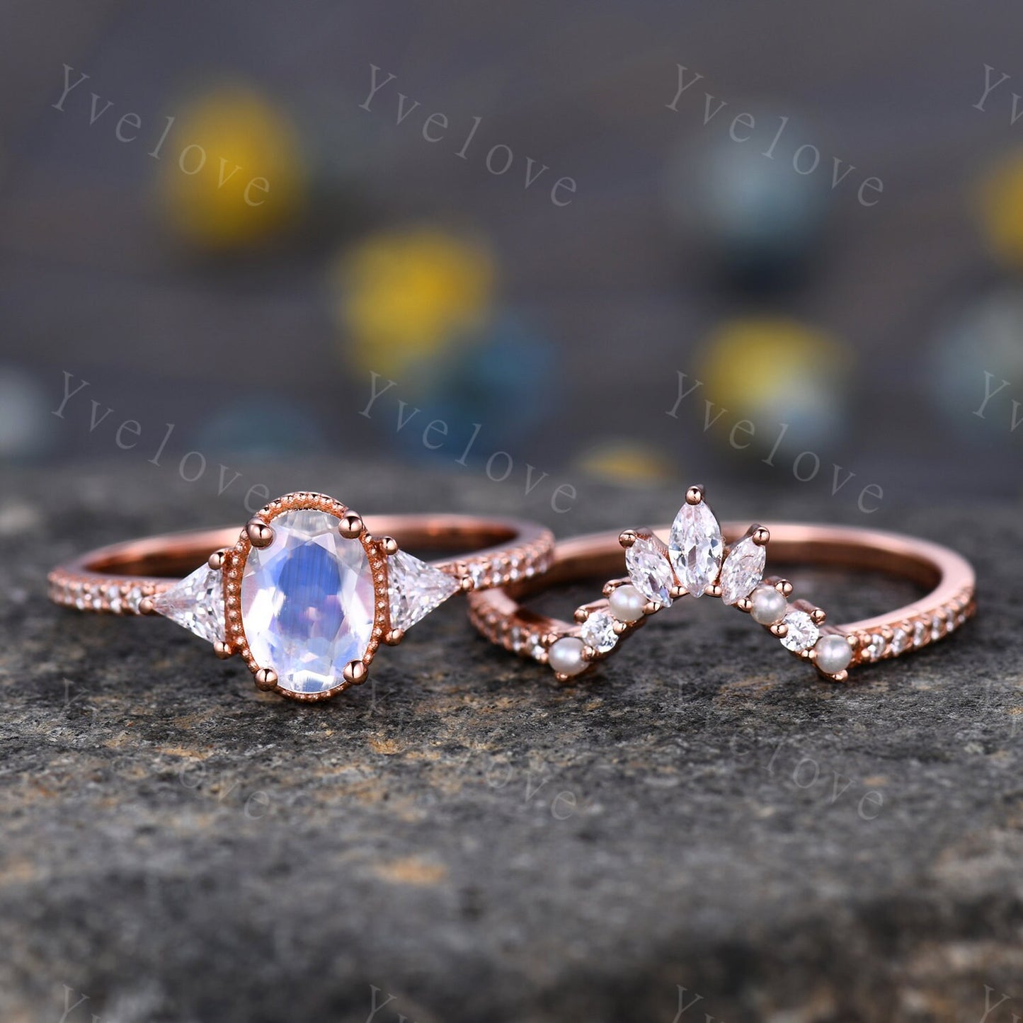 Rainbow Moonstone Engagement Ring Set,Triangle Moissanite Pearl Ring ,Rose Gold Rings Set for Women,Statement Ring,June Birthstone,Christmas