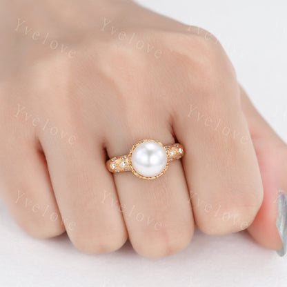 9mm Exquisite  Fresh Pearl Engagement Ring,Mother of Pearls,Natural Stone,Diamond Wedding band,Lotus ring,Statement ring,Her Wedding Jewelry