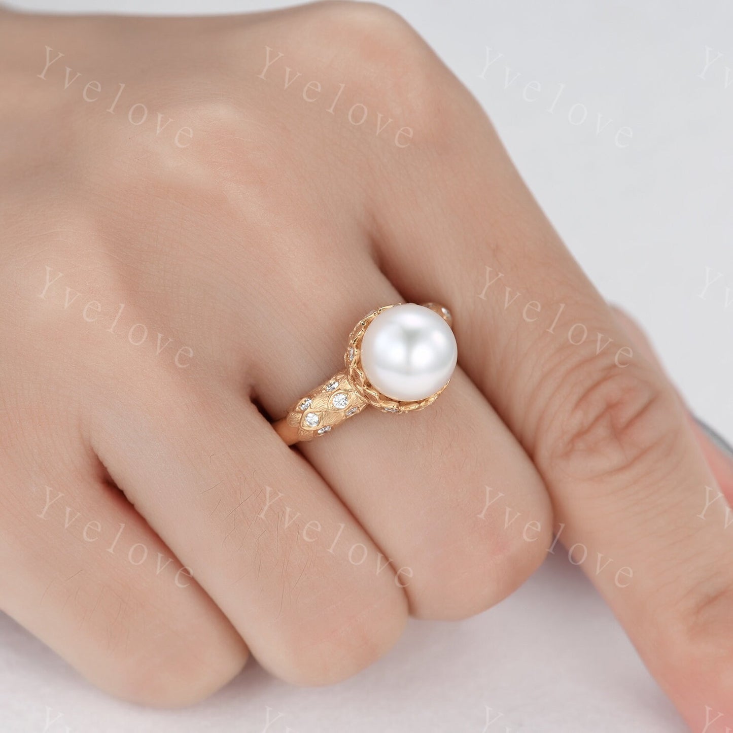 9mm Exquisite  Fresh Pearl Engagement Ring,Mother of Pearls,Natural Stone,Diamond Wedding band,Lotus ring,Statement ring,Her Wedding Jewelry