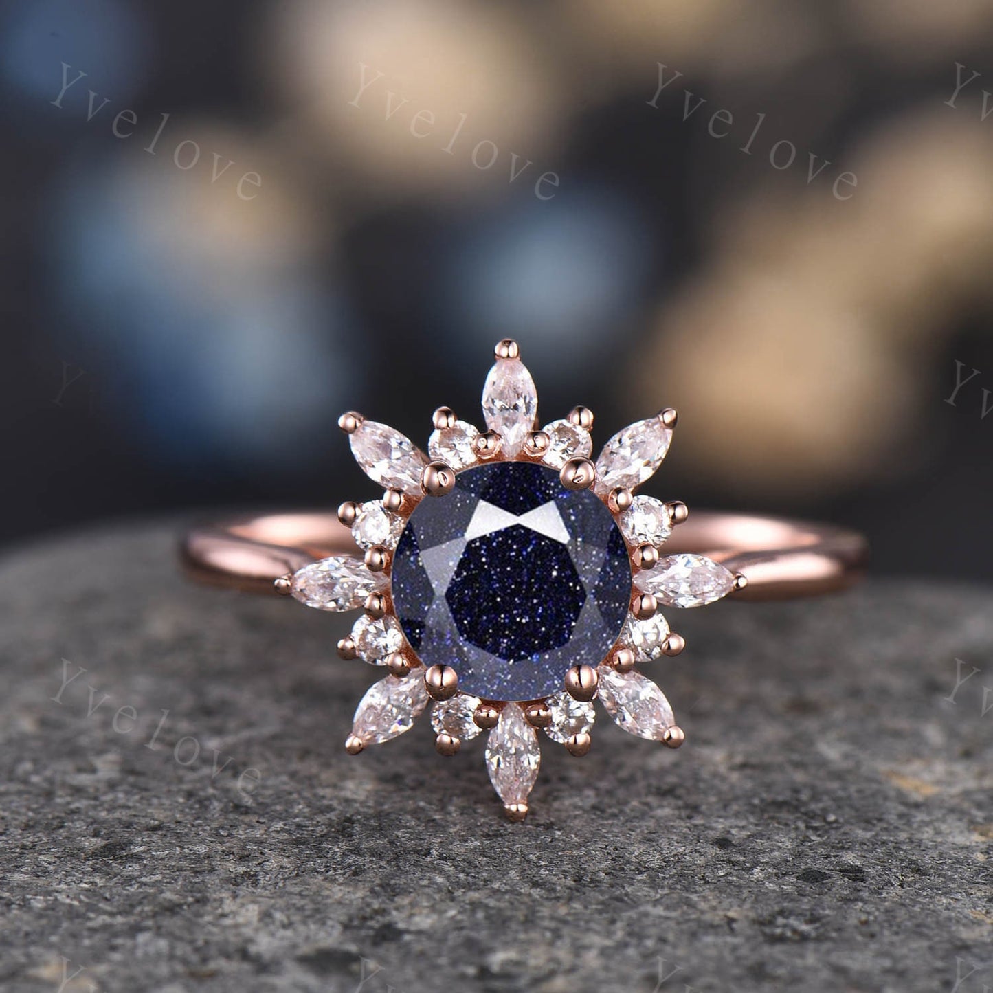 Unique Round cut Blue Sandstone Engagement Ring Women Antique Flower Diamond Halo Plain Gold Band Promise Bridal Anniversary Jewelry For Her