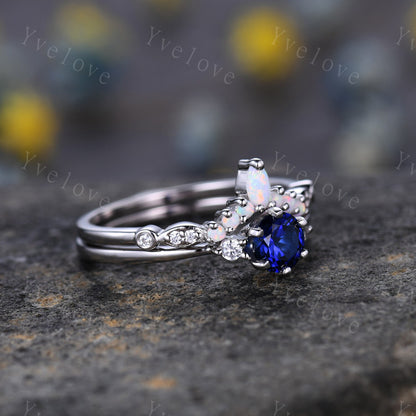 Blue sapphire ring set diamond engagement ring white gold eternity opal curved stacking matching band promise jewelry September birthstone