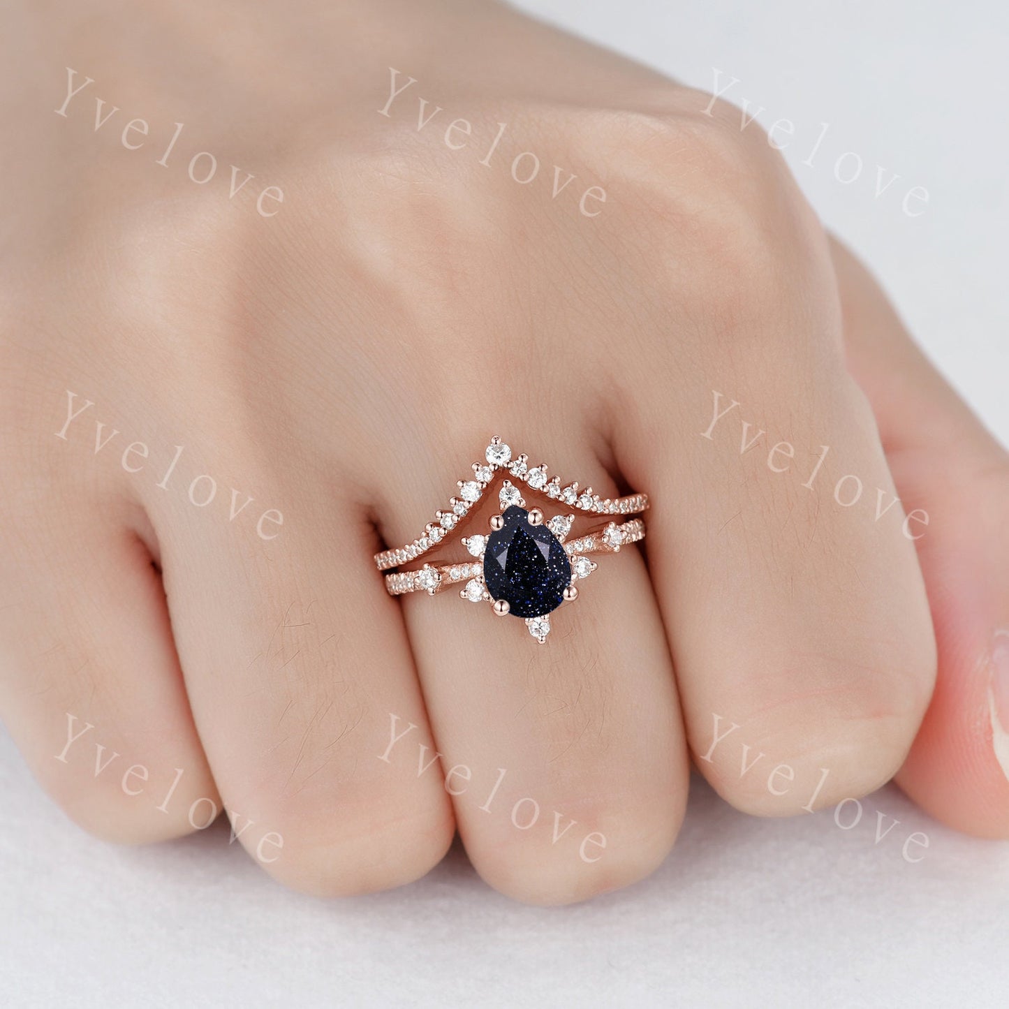 1.25ct Pear Galax Blue Sandstone Ring Rose Gold Teardrop Blue Goldstone Engagement Ring Vintage Gemstone Jewelry Anniversary Proposal Ring