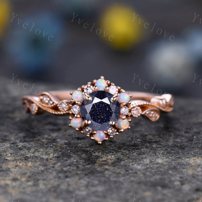 Retro Sandstone Engagement Ring 14k Rose Gold White Opal Diamond Wedding Ring Bridal Ring For Women Promise Anniversary Gift Christmas Gift