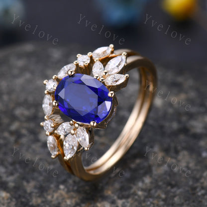 Blue Sapphire Ring Oval Sapphire Engagement Ring Yellow Gold Women Moissanite Sapphire Wedding Ring Set Art Deco Stacking Bridal Set 14k