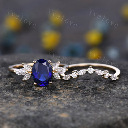 Blue Sapphire Ring Oval Sapphire Engagement Ring Yellow Gold Women Moissanite Sapphire Wedding Ring Set Art Deco Stacking Bridal Set 14k