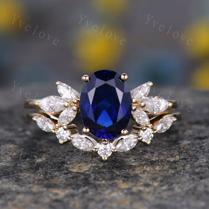 Blue Sapphire Ring Oval Sapphire Engagement Ring Yellow Gold Women Moissanite Sapphire Wedding Ring Set Art Deco Stacking Bridal Set 14k