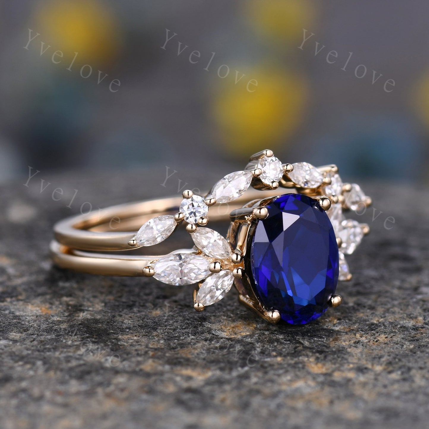 Blue Sapphire Ring Oval Sapphire Engagement Ring Yellow Gold Women Moissanite Sapphire Wedding Ring Set Art Deco Stacking Bridal Set 14k