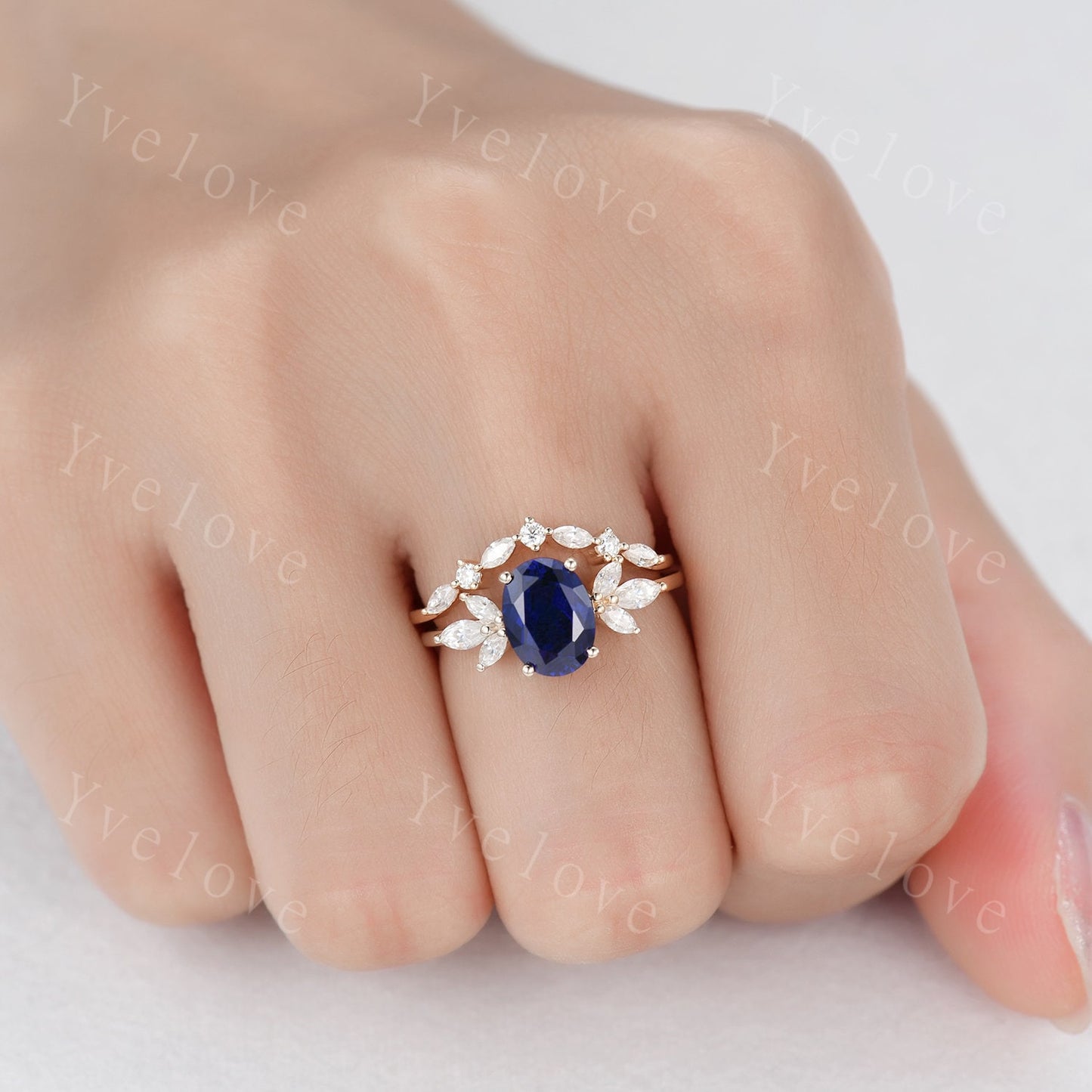 Blue Sapphire Ring Oval Sapphire Engagement Ring Yellow Gold Women Moissanite Sapphire Wedding Ring Set Art Deco Stacking Bridal Set 14k