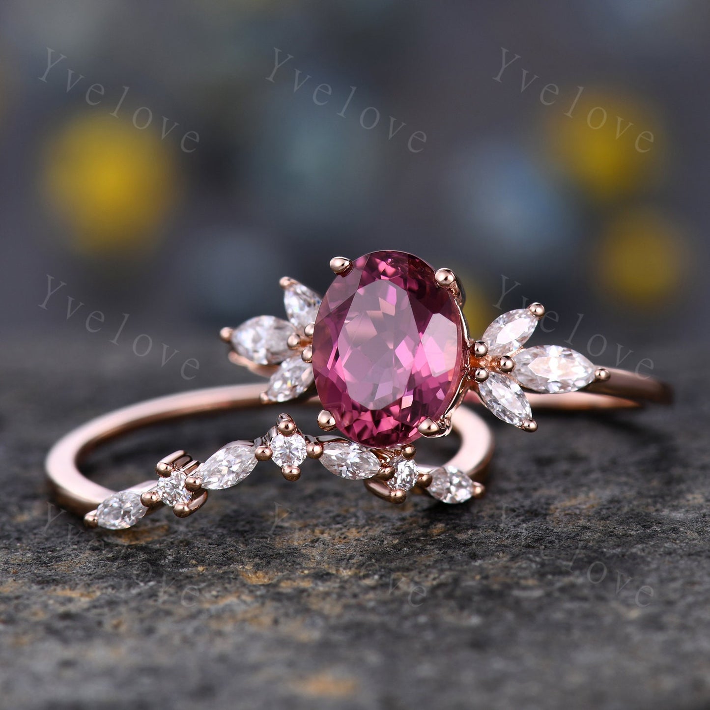 Natural Pink Tourmaline Engagement Ring Set,White Gold Marquise Moissanite Band,October Birthstone Ring,Art Deco Promise Anniversary Gift